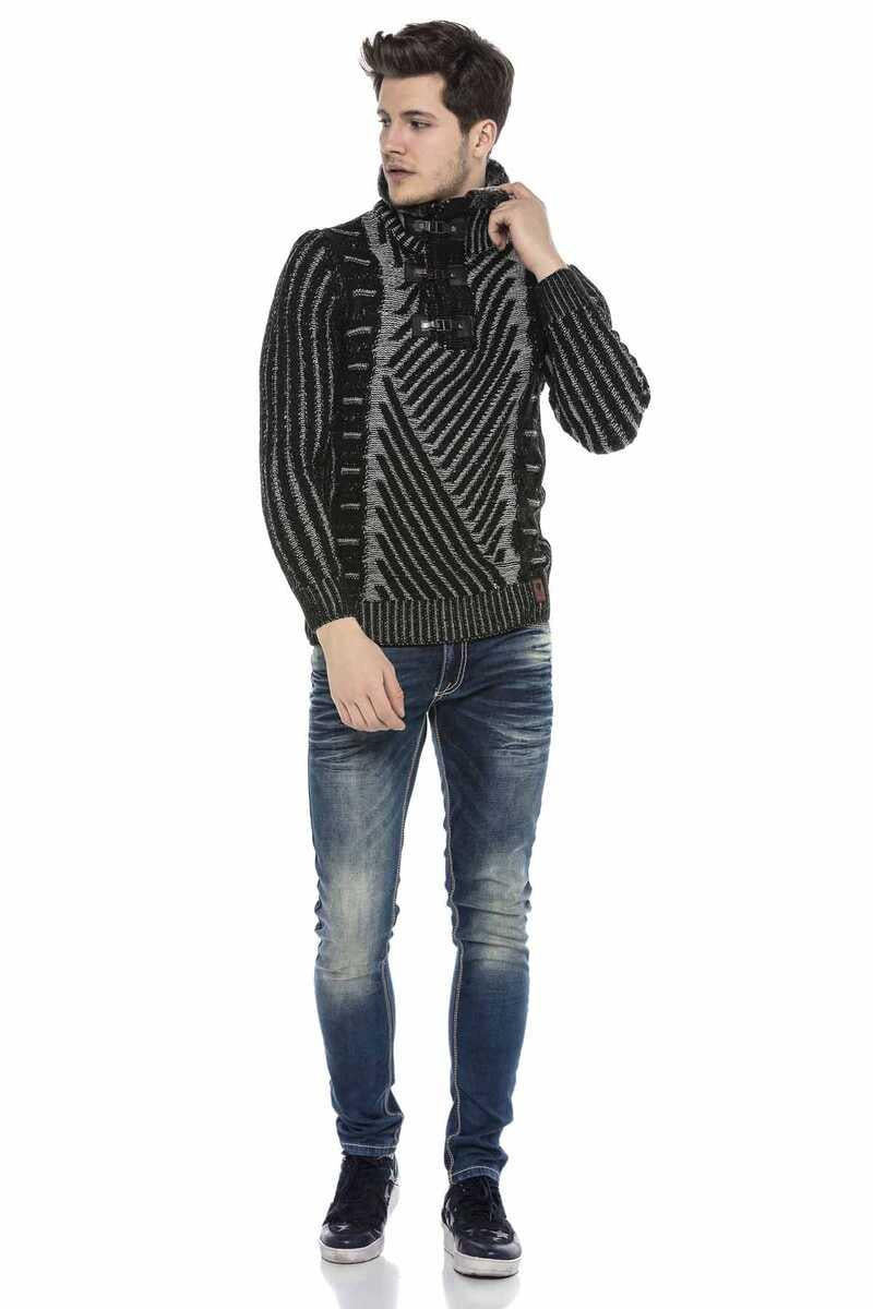 CP212 Fur Collar Textured Heavyweight Patterned Sweater
