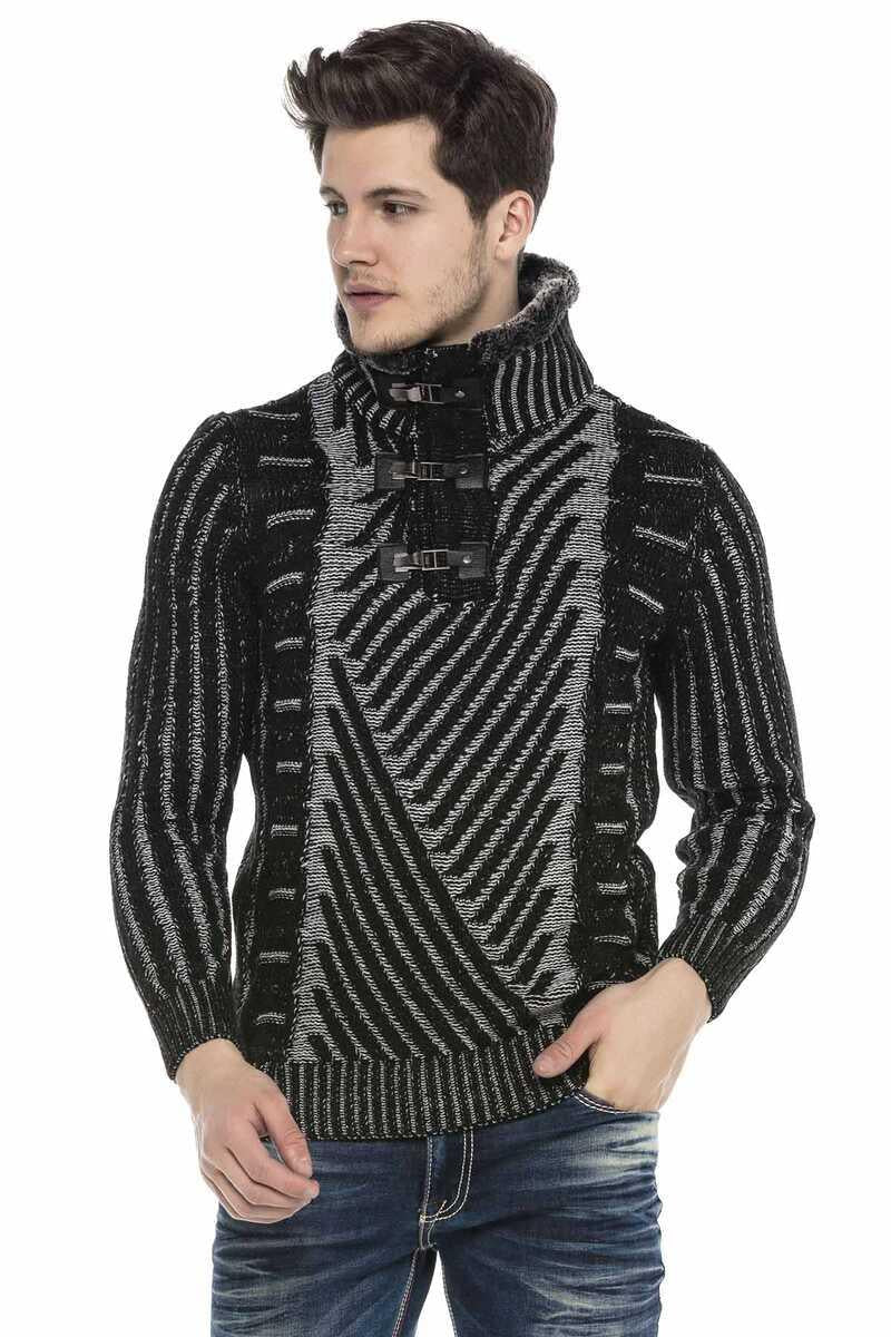 CP212 Fur Collar Textured Heavyweight Patterned Sweater
