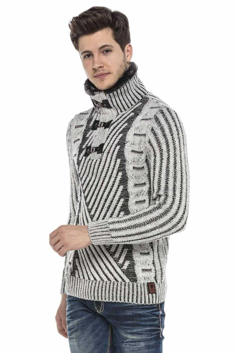 CP212 Fur Collar Textured Heavyweight Patterned Sweater