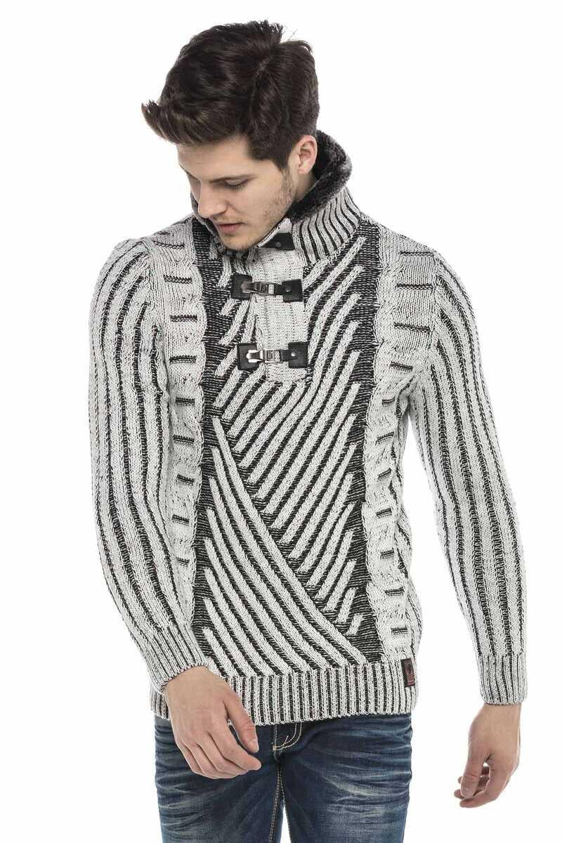 CP212 Fur Collar Textured Heavyweight Patterned Sweater
