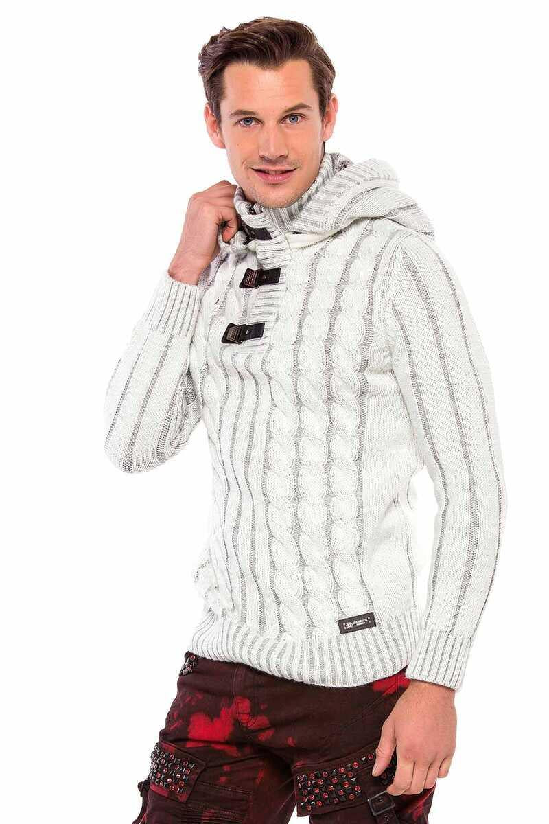 CP214 Plush Hooded Collar Knit Pattern Heavyweight Sweater