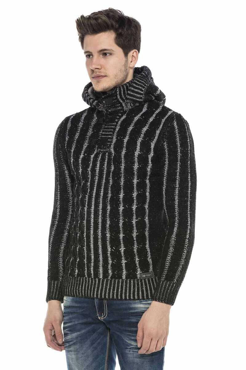 CP214 Plush Hooded Collar Knit Pattern Heavyweight Sweater