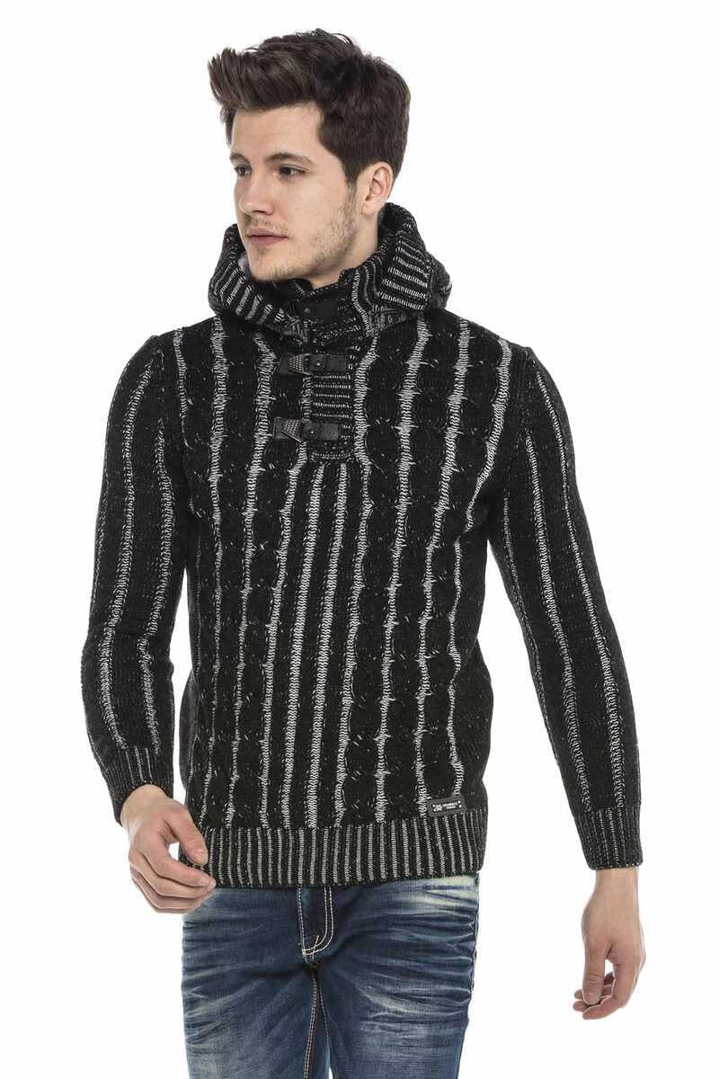 CP214 Plush Hooded Collar Knit Pattern Heavyweight Sweater