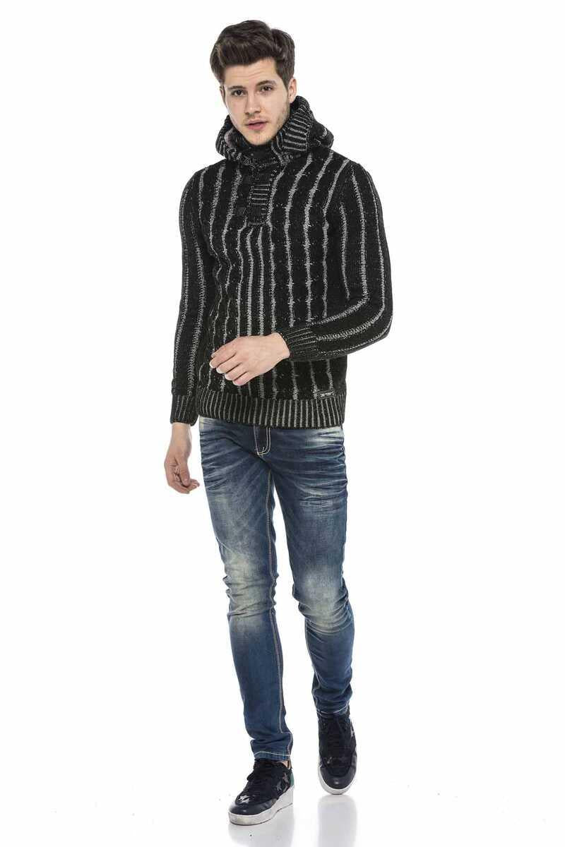 CP214 Plush Hooded Collar Knit Pattern Heavyweight Sweater
