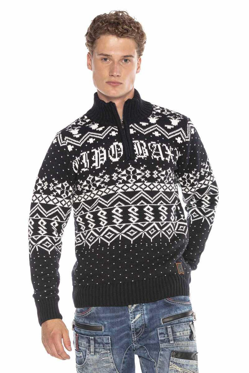 CP233 Stand Collar Zip Patterned Heavyweight Sweater