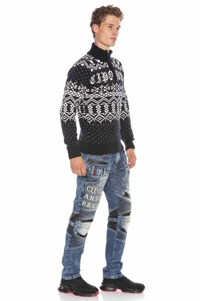 CP233 Stand Collar Zip Patterned Heavyweight Sweater