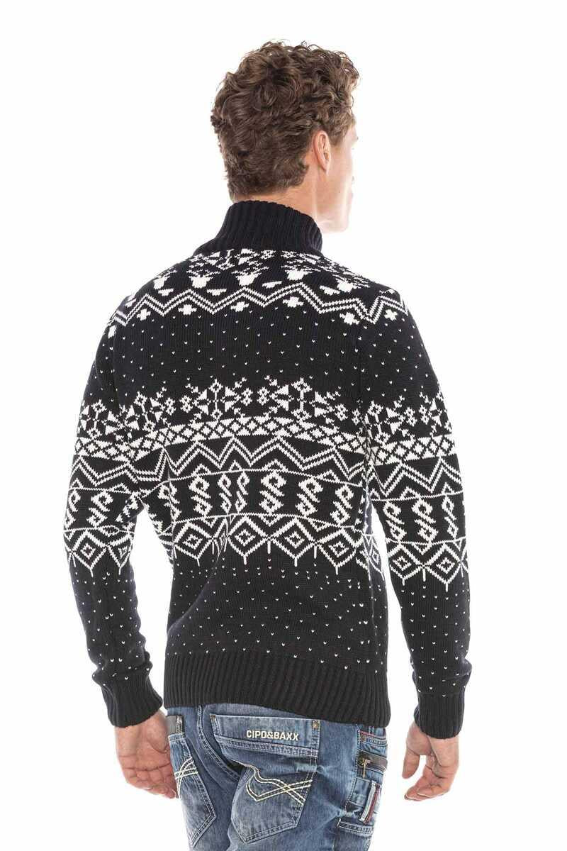 CP233 Stand Collar Zip Patterned Heavyweight Sweater