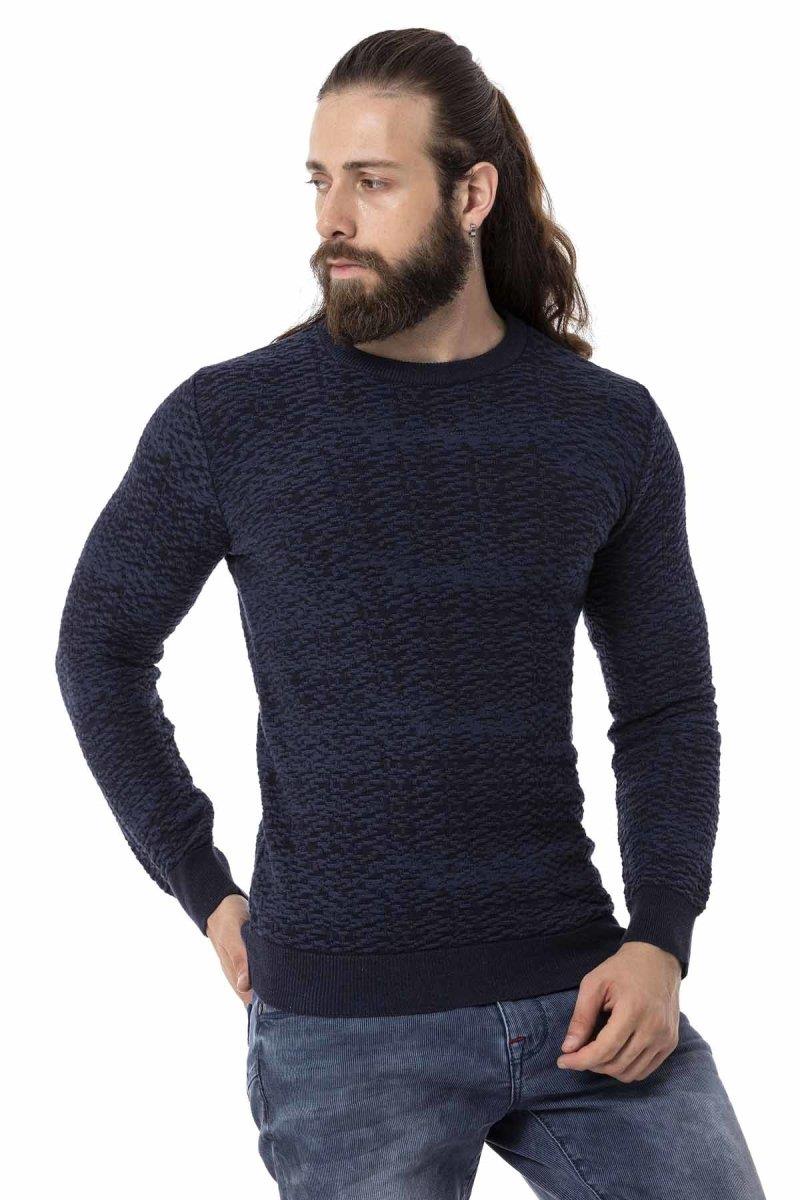 CP272 Textured Round Neck Navy Sweater