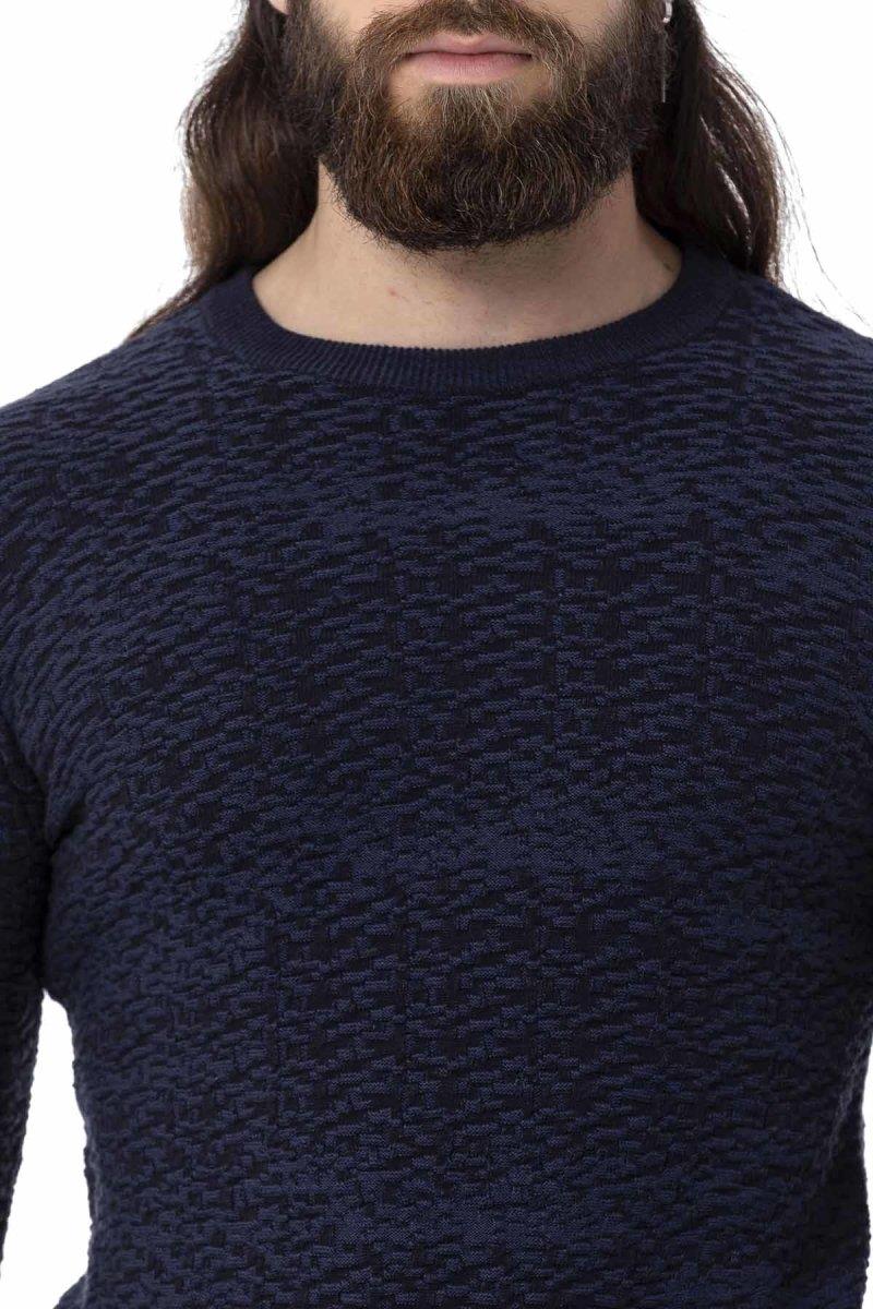 CP272 Textured Round Neck Navy Sweater