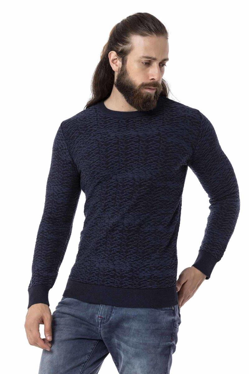 CP272 Textured Round Neck Navy Sweater