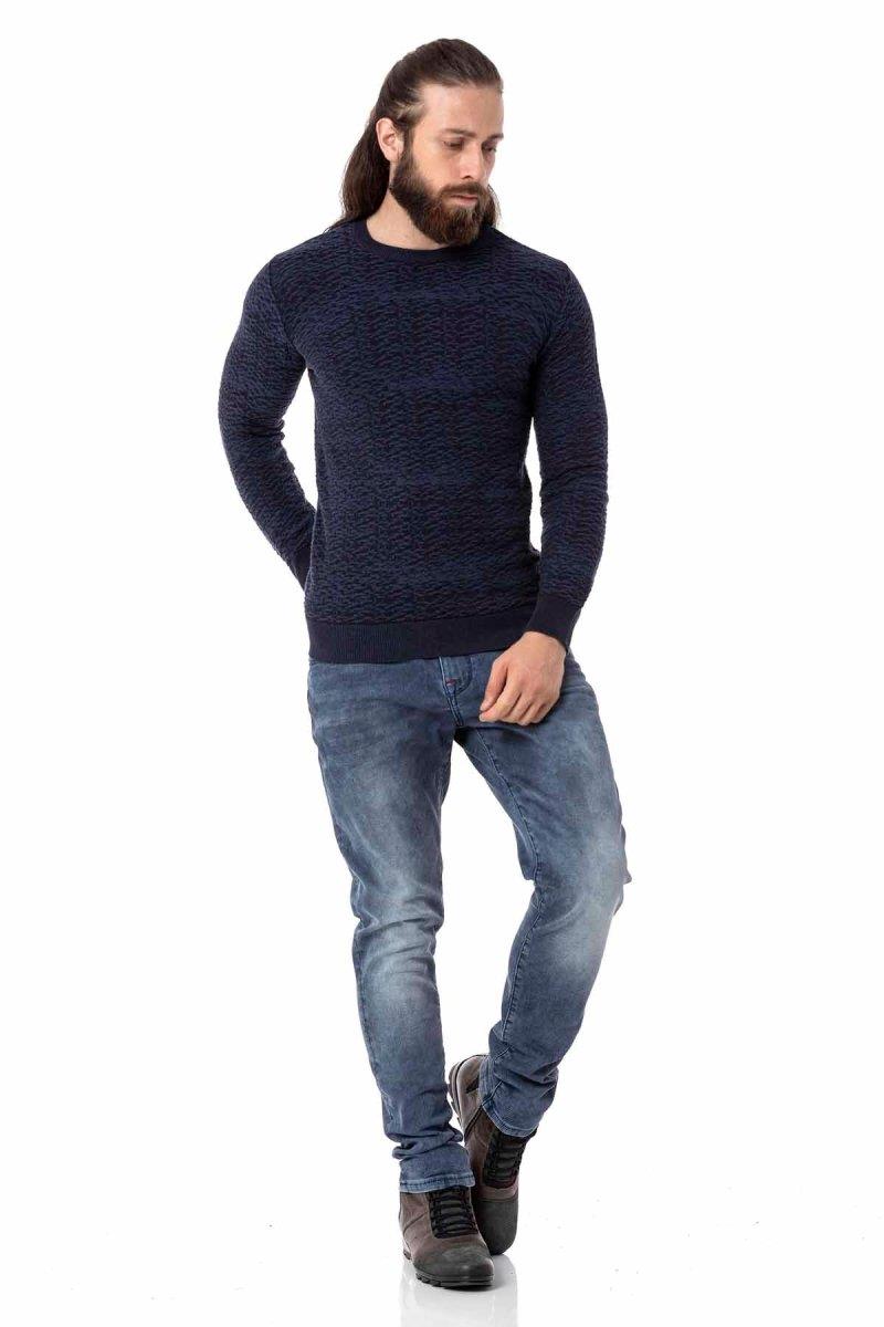 CP272 Textured Round Neck Navy Sweater