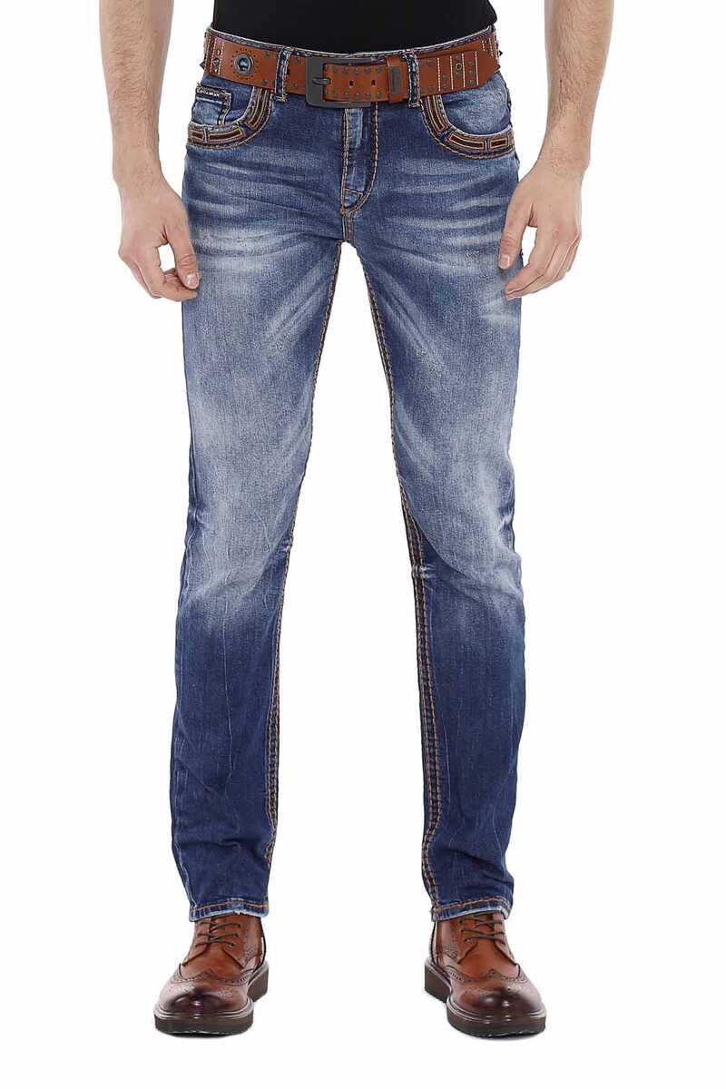 CD483 Embroidered Pocket Washed Men's Jeans