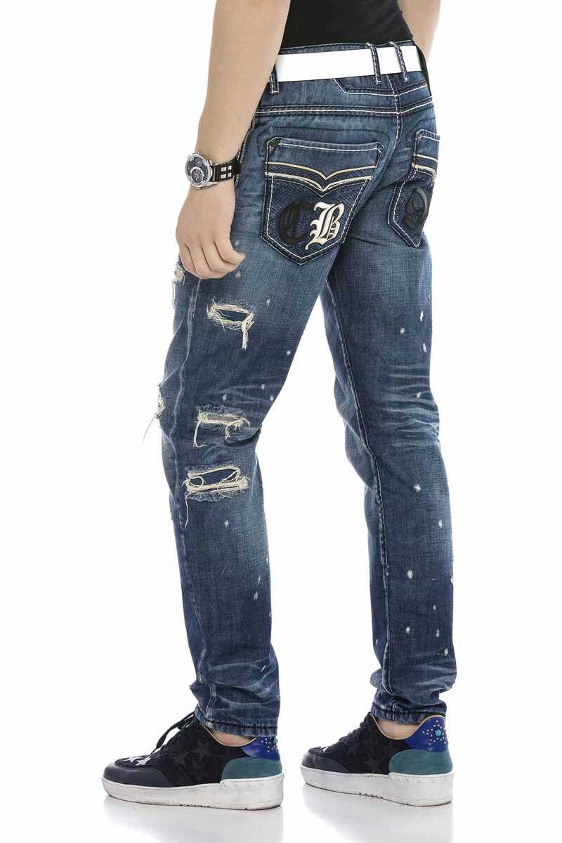 CD627 Pocket Embroidery Destroyed Ripped Men's Jeans