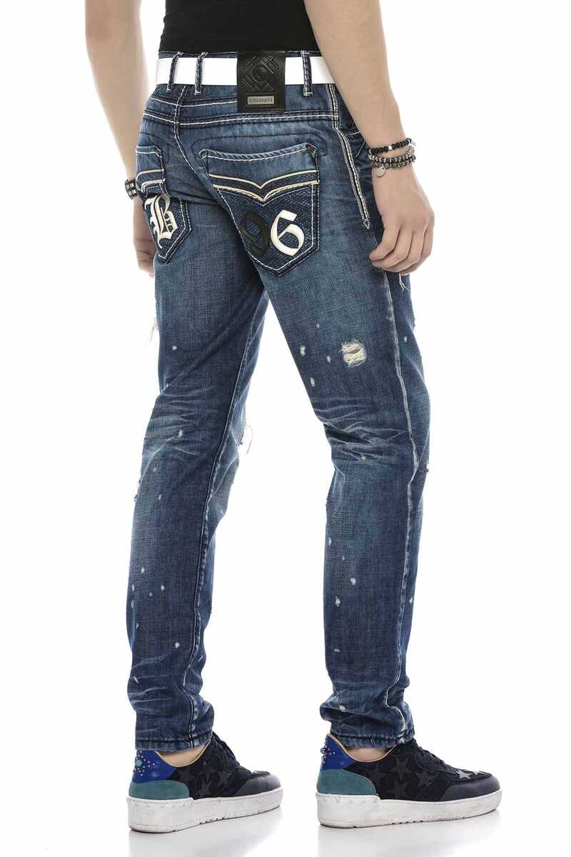 CD627 Pocket Embroidery Destroyed Ripped Men's Jeans
