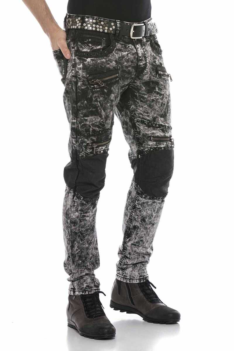 CD568 Tie-Dye Washed Leather Detail Men's Jeans