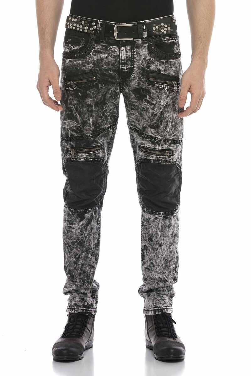 CD568 Tie-Dye Washed Leather Detail Men's Jeans