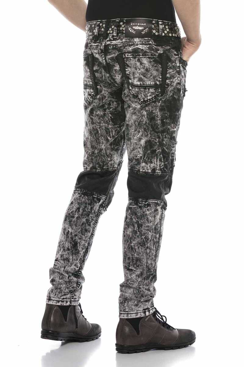 CD568 Tie-Dye Washed Leather Detail Men's Jeans