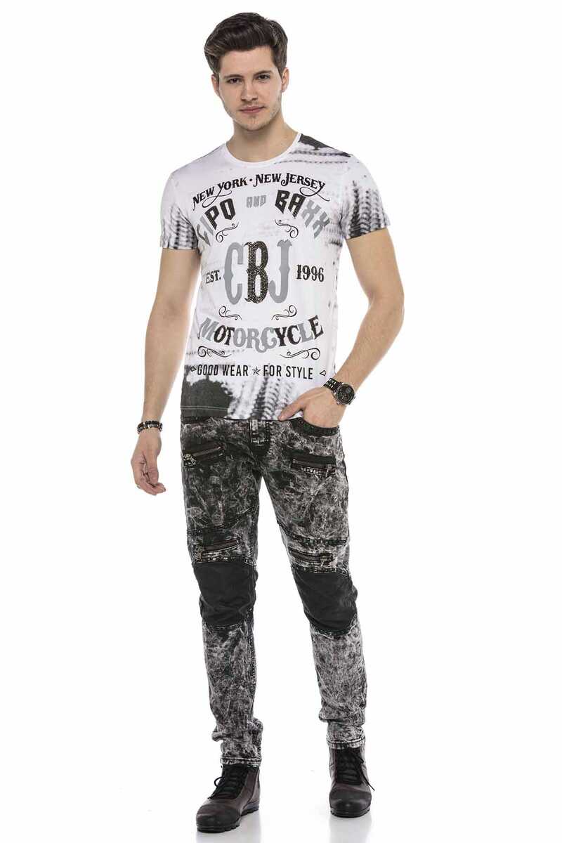 CD568 Tie-Dye Washed Leather Detail Men's Jeans