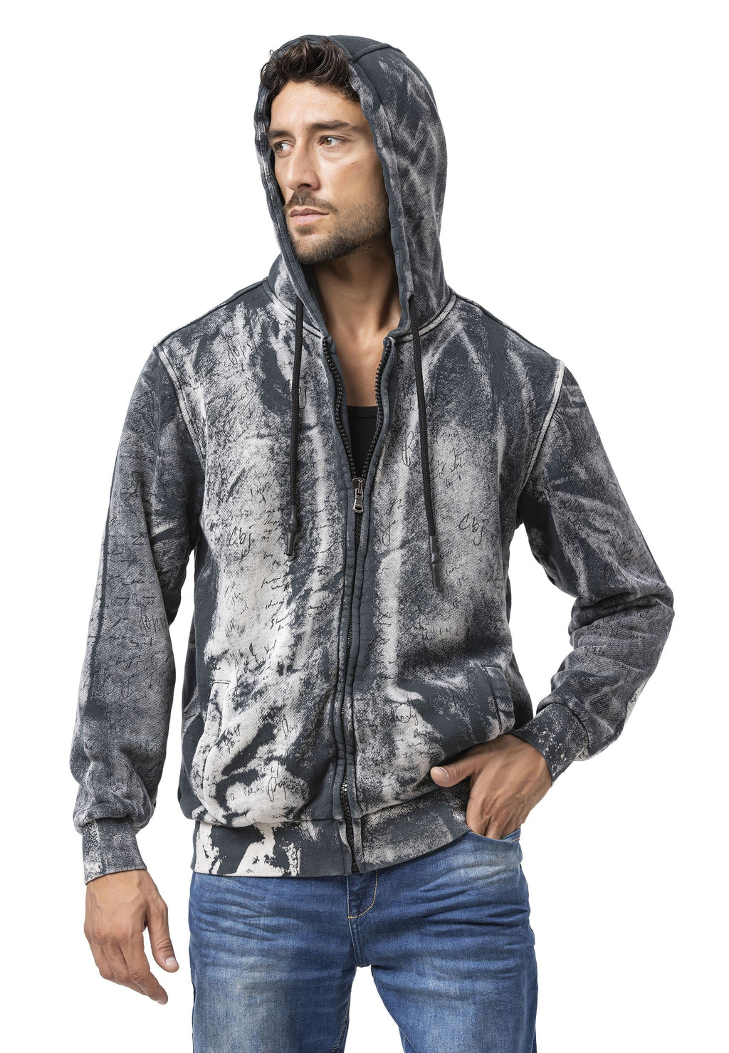 CL594 Black-Blue Tie-Dye Hooded Sweatshirt with Retro Vibe