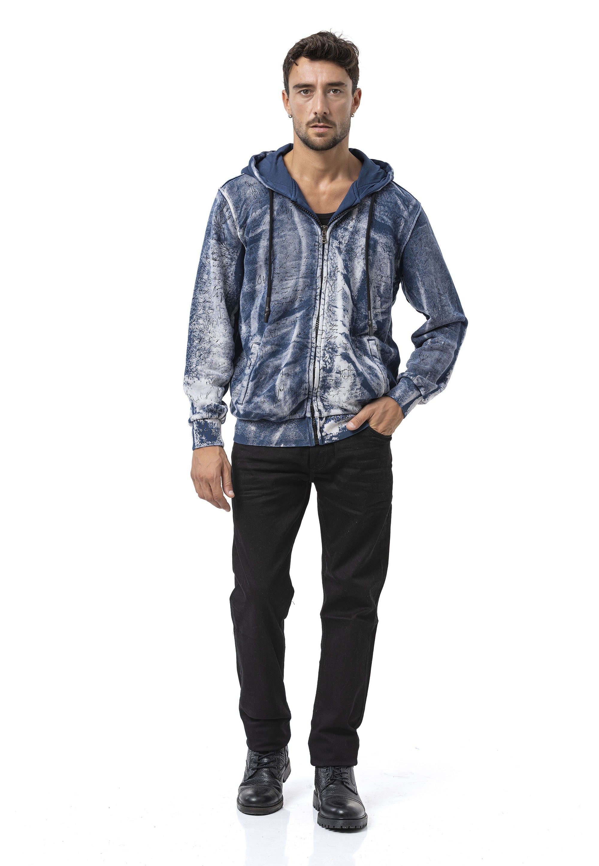 CL594 Black-Blue Tie-Dye Hooded Sweatshirt with Retro Vibe
