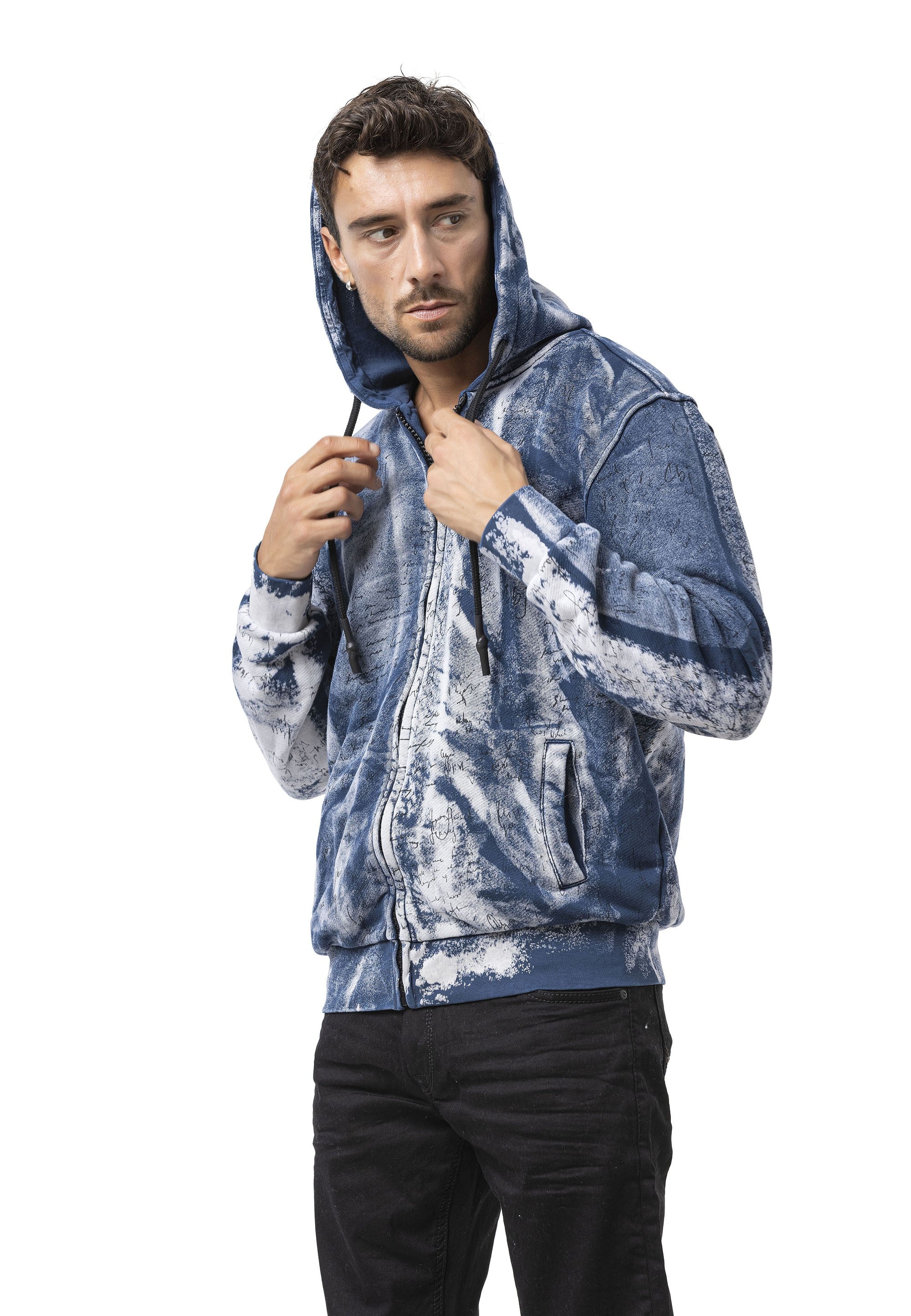 CL594 Black-Blue Tie-Dye Hooded Sweatshirt with Retro Vibe