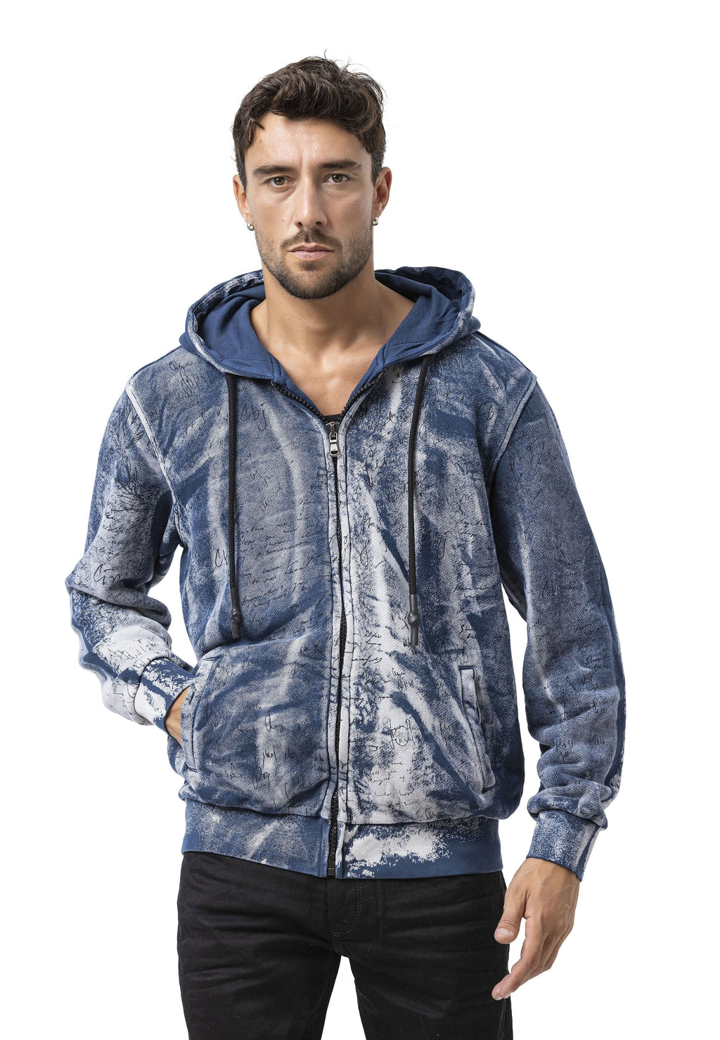 CL594 Black-Blue Tie-Dye Hooded Sweatshirt with Retro Vibe