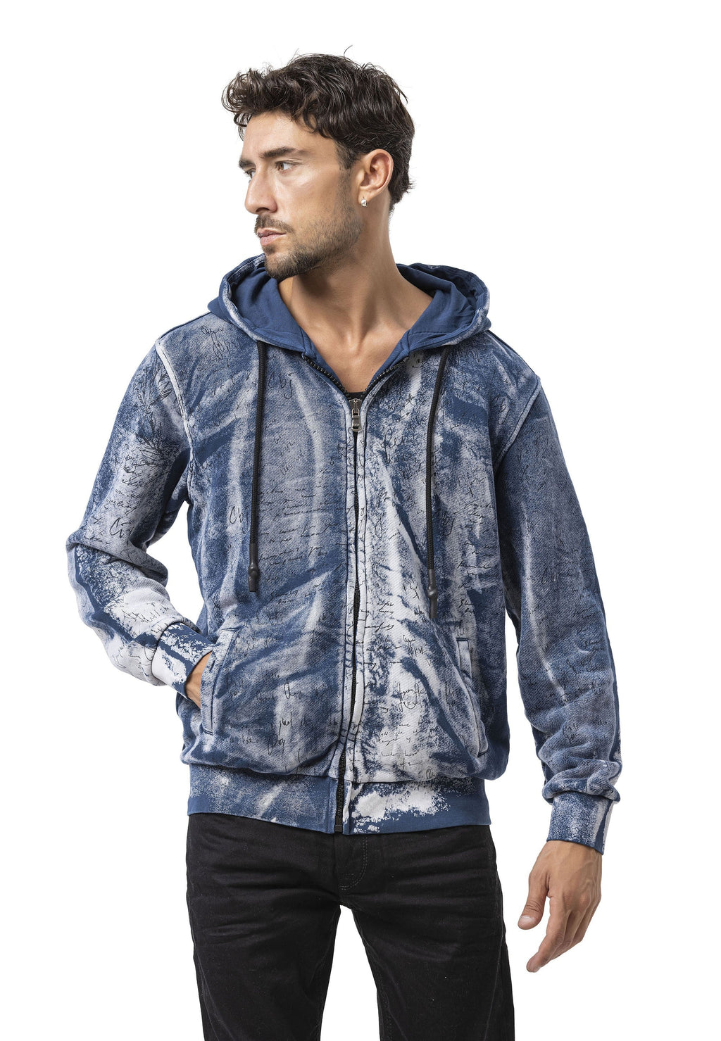 CL594 Black-Blue Tie-Dye Hooded Sweatshirt with Retro Vibe