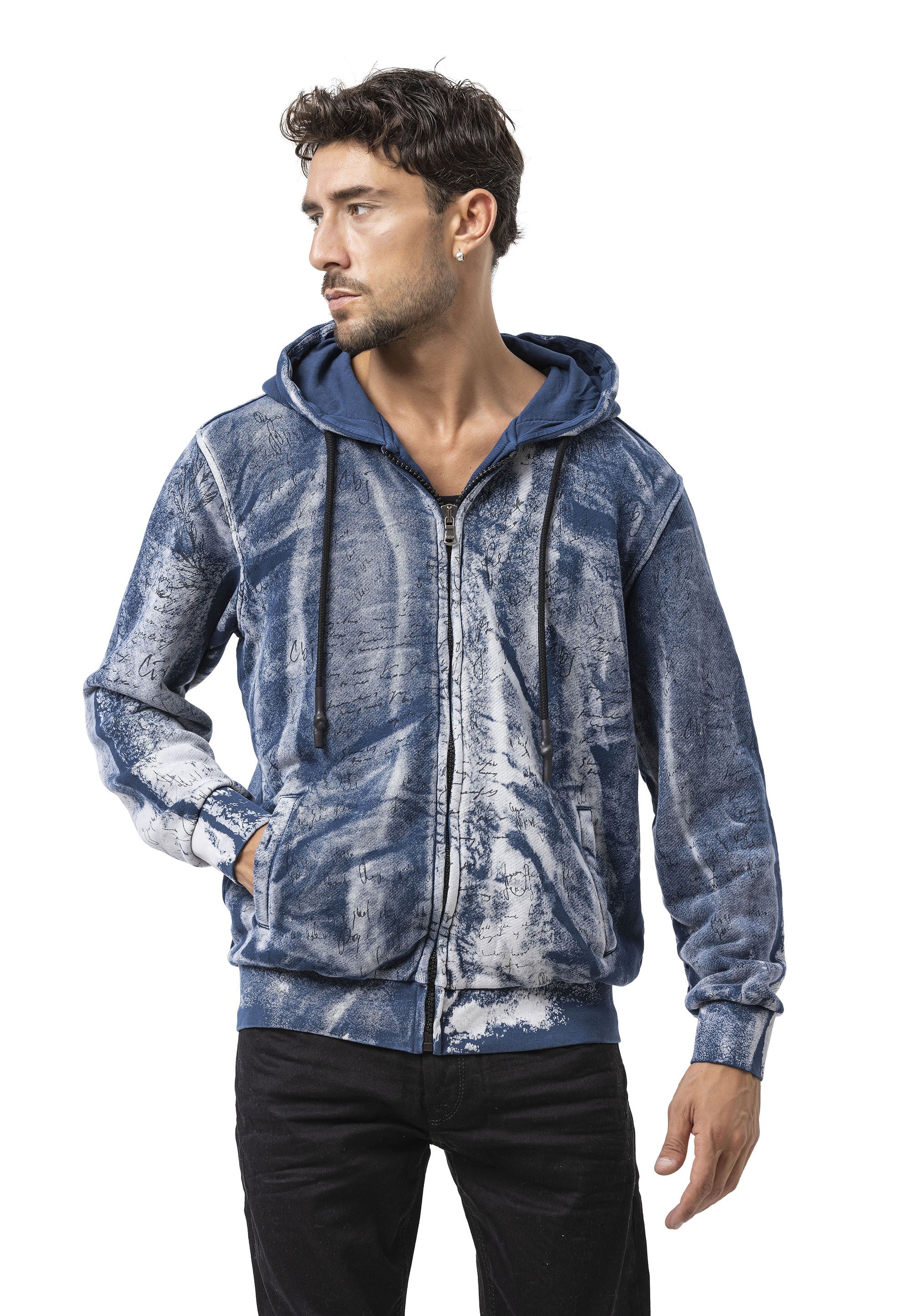 CL594 Black-Blue Tie-Dye Hooded Sweatshirt with Retro Vibe