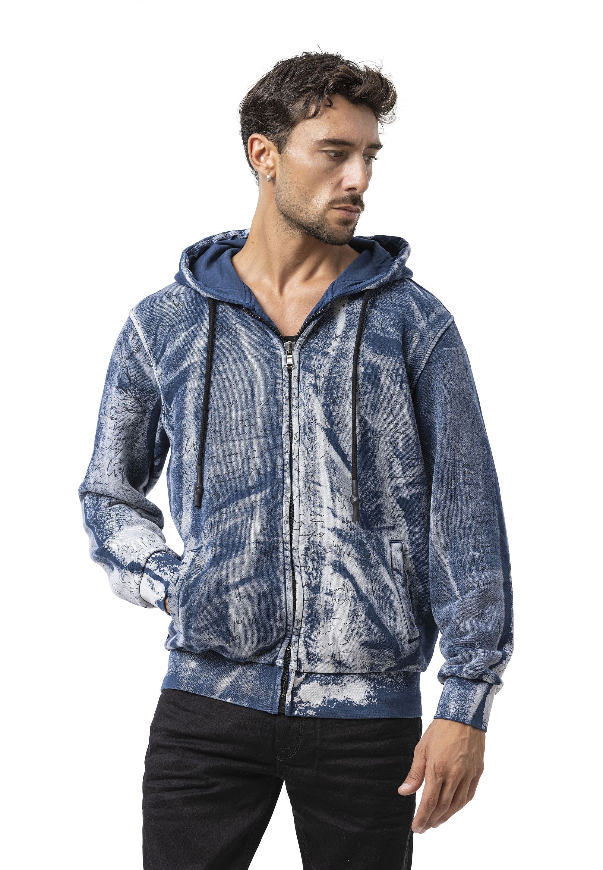 CL594 Black-Blue Tie-Dye Hooded Sweatshirt with Retro Vibe