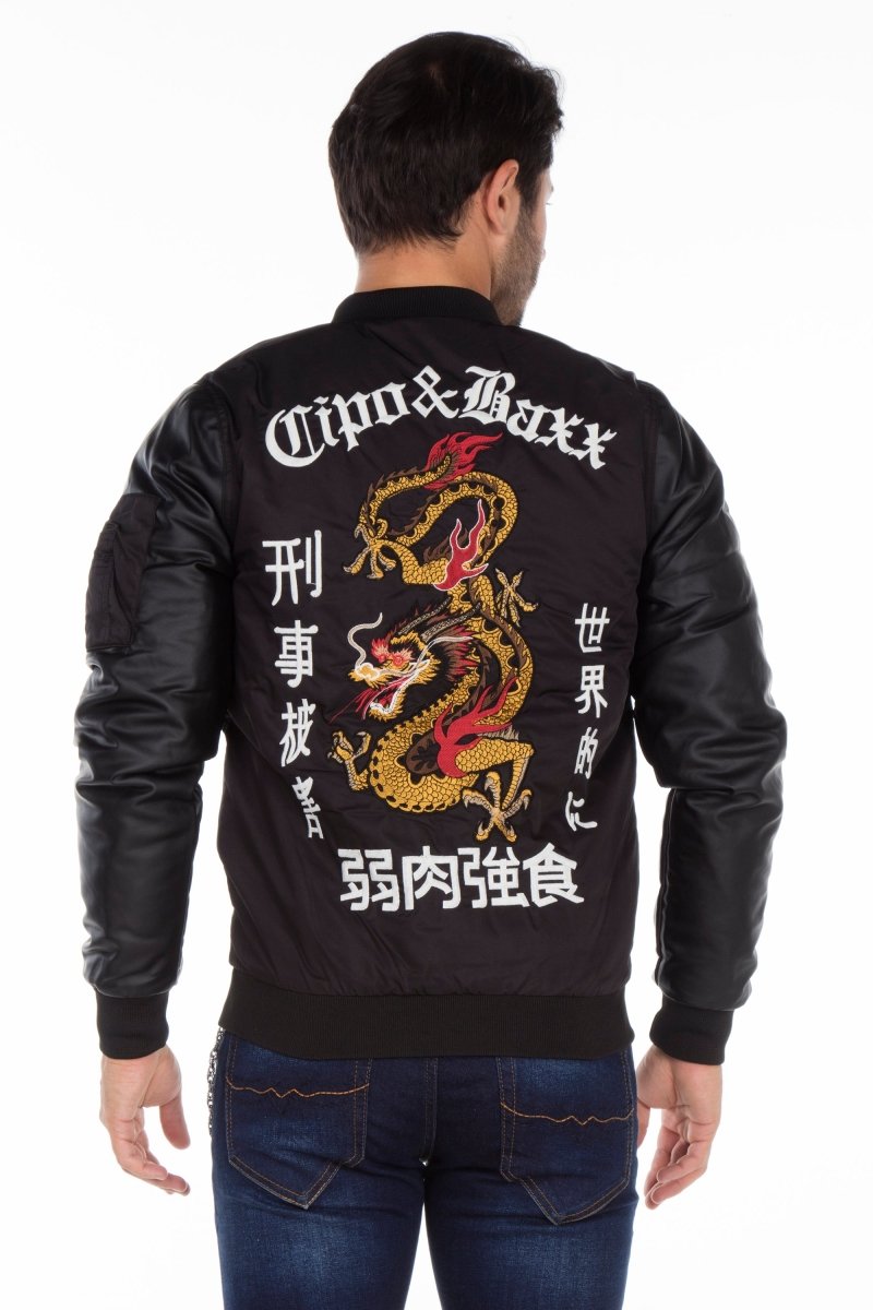 CJ175 Dragon Motif Leather Sleeve Men's Jacket