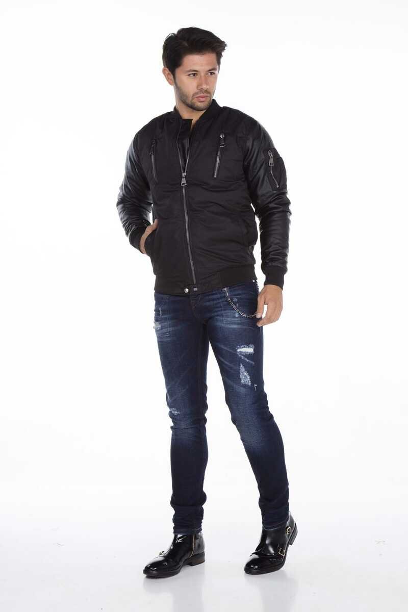 CJ175 Dragon Motif Leather Sleeve Men's Jacket