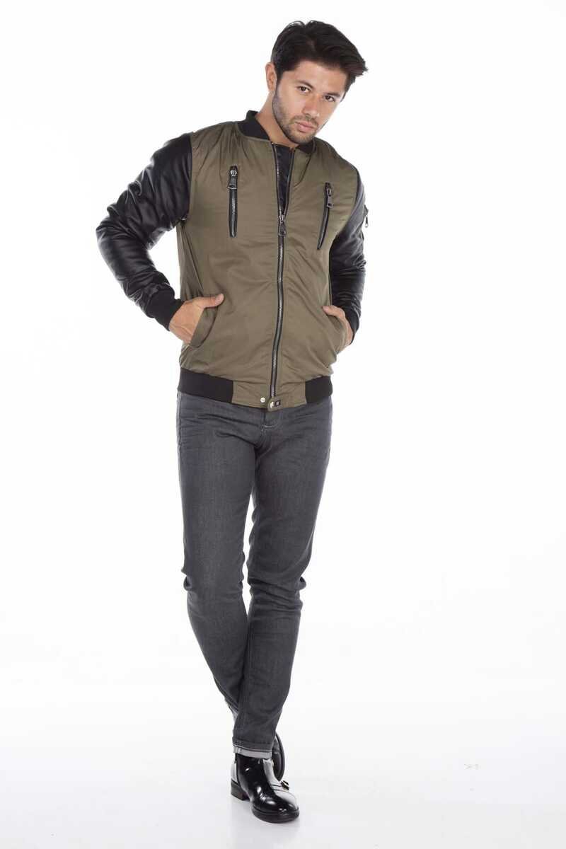 CJ175 Dragon Motif Leather Sleeve Men's Jacket