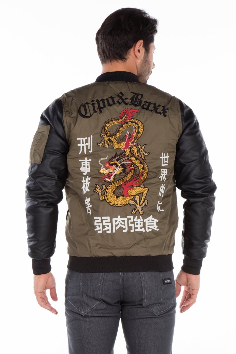 CJ175 Dragon Motif Leather Sleeve Men's Jacket