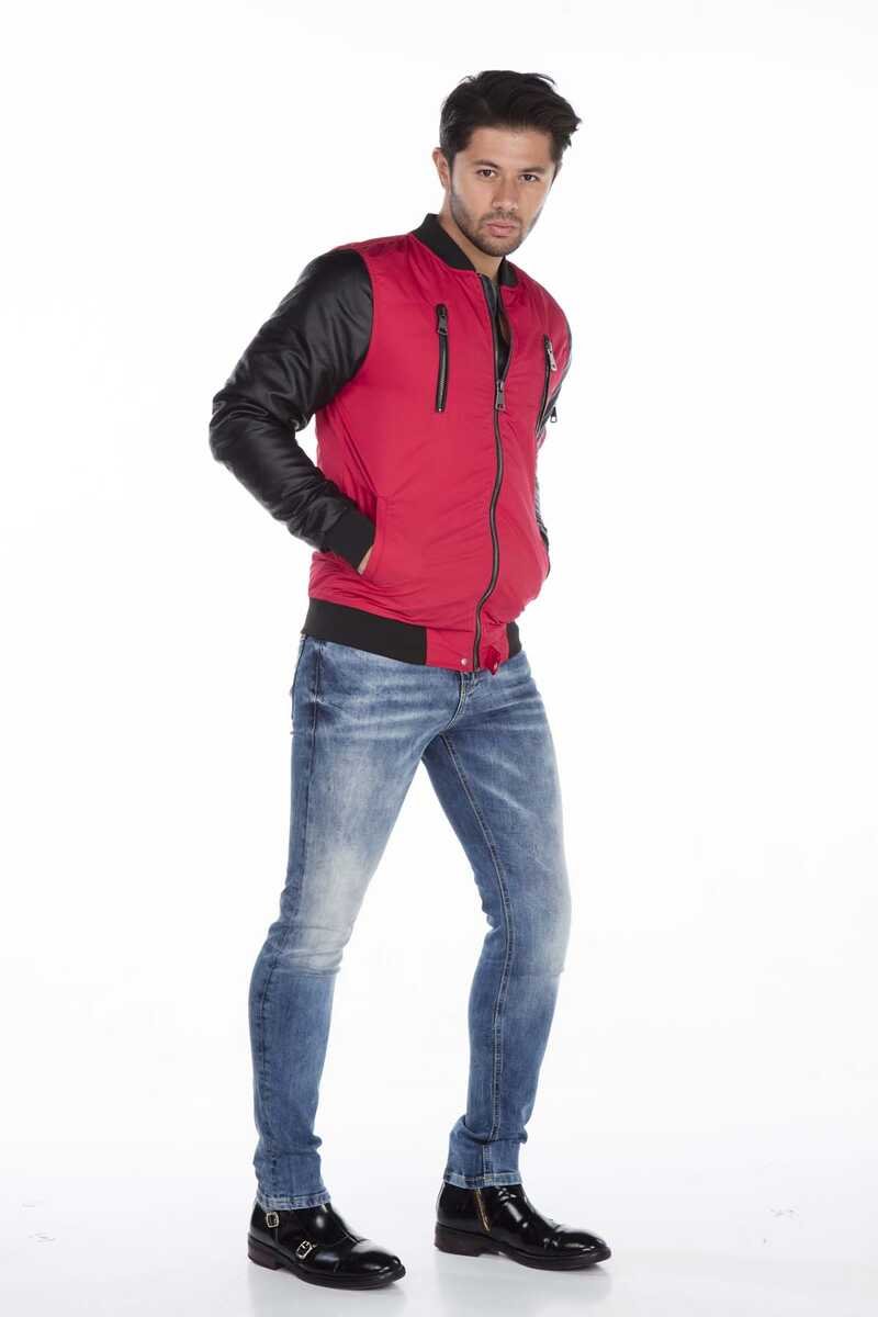 CJ175 Dragon Motif Leather Sleeve Men's Jacket
