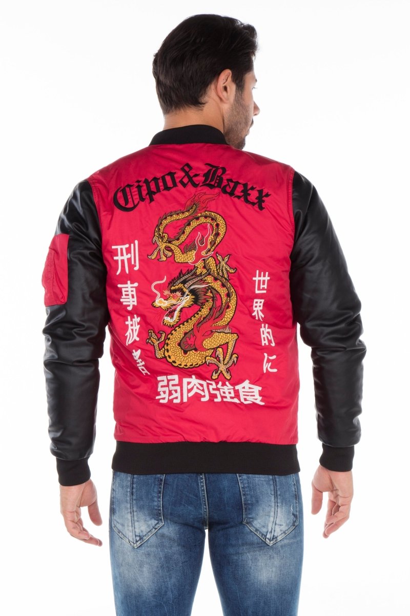 CJ175 Dragon Motif Leather Sleeve Men's Jacket