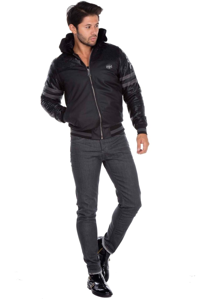 CJ177 Logo Print Hooded Leather Men's Jacket