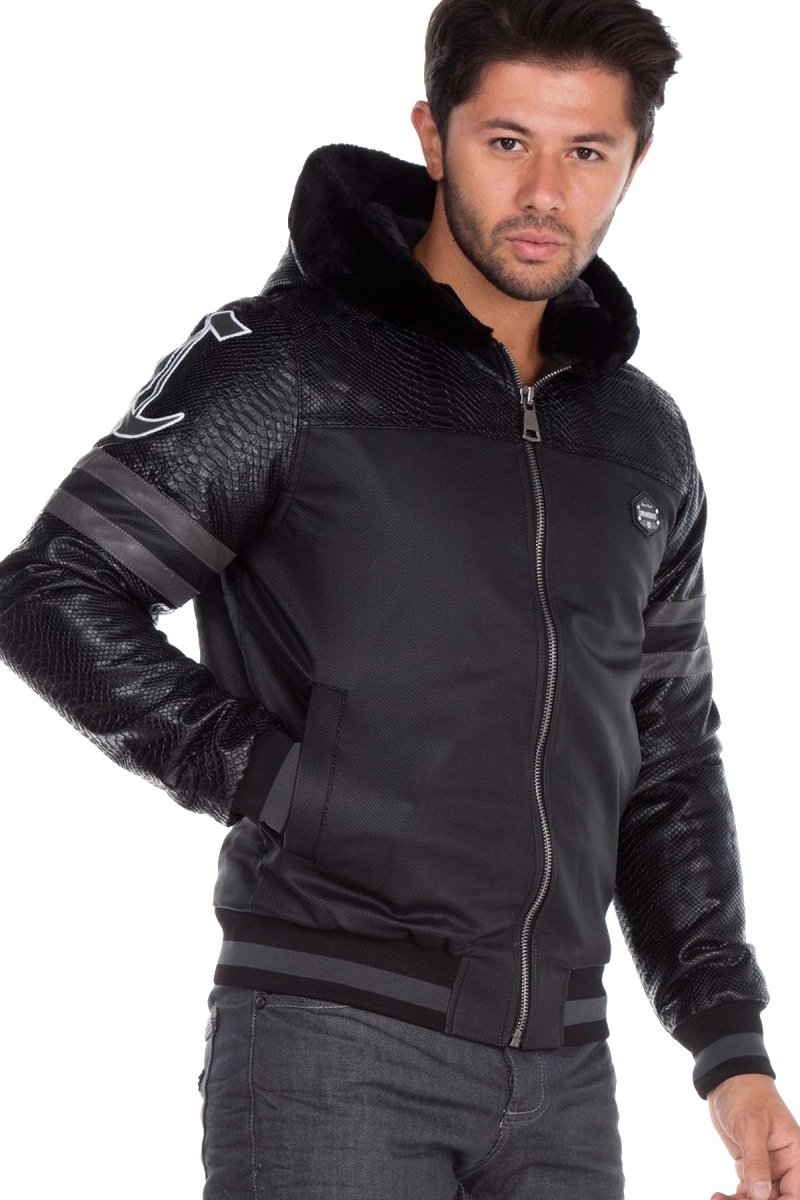 CJ177 Logo Print Hooded Leather Men's Jacket