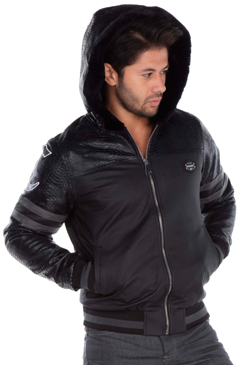 CJ177 Logo Print Hooded Leather Men's Jacket
