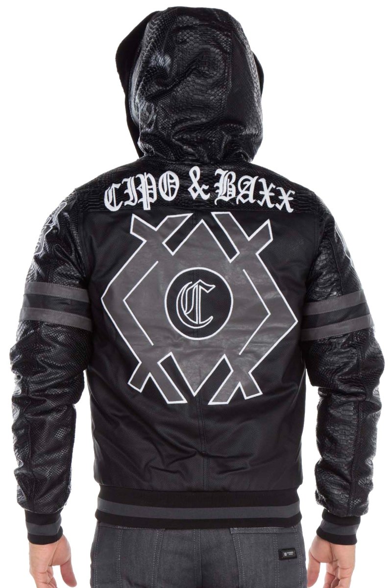 CJ177 Logo Print Hooded Leather Men's Jacket
