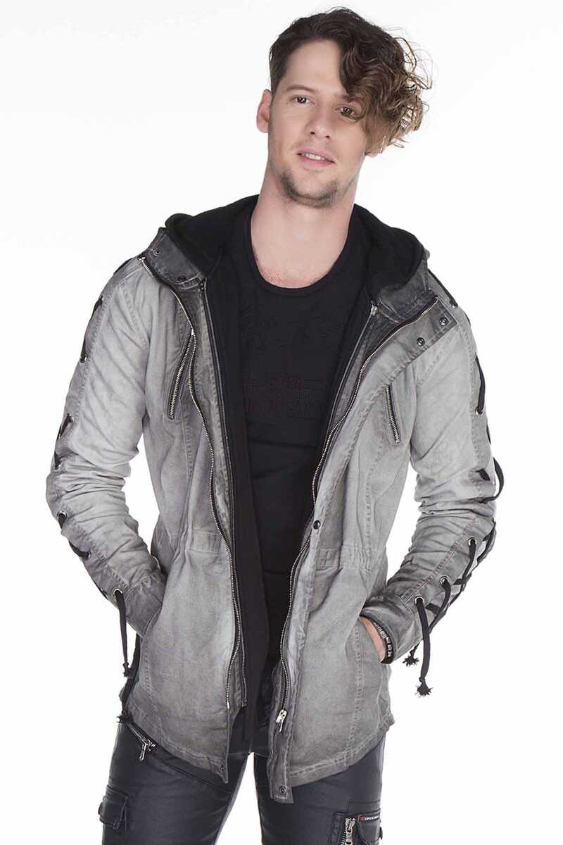 CJ183 Drawstring Sleeve Text Print Long Men's Jacket