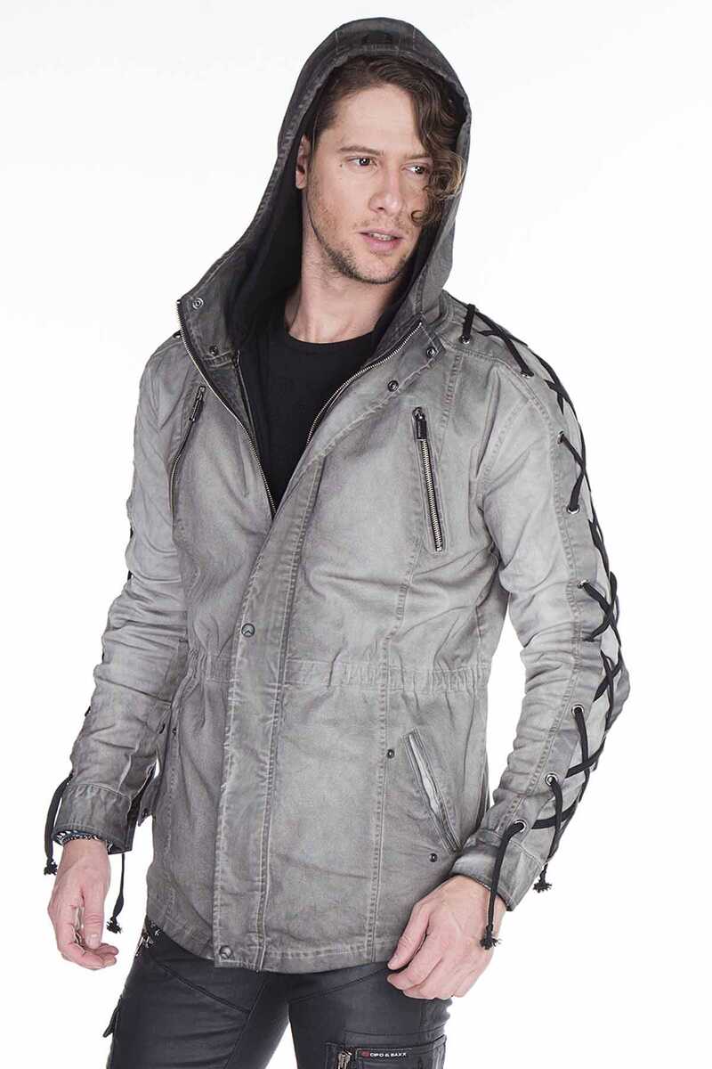 CJ183 Drawstring Sleeve Text Print Long Men's Jacket
