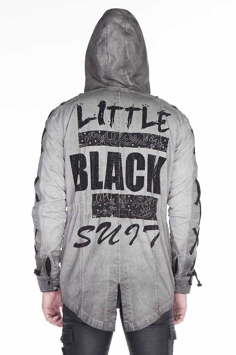CJ183 Drawstring Sleeve Text Print Long Men's Jacket