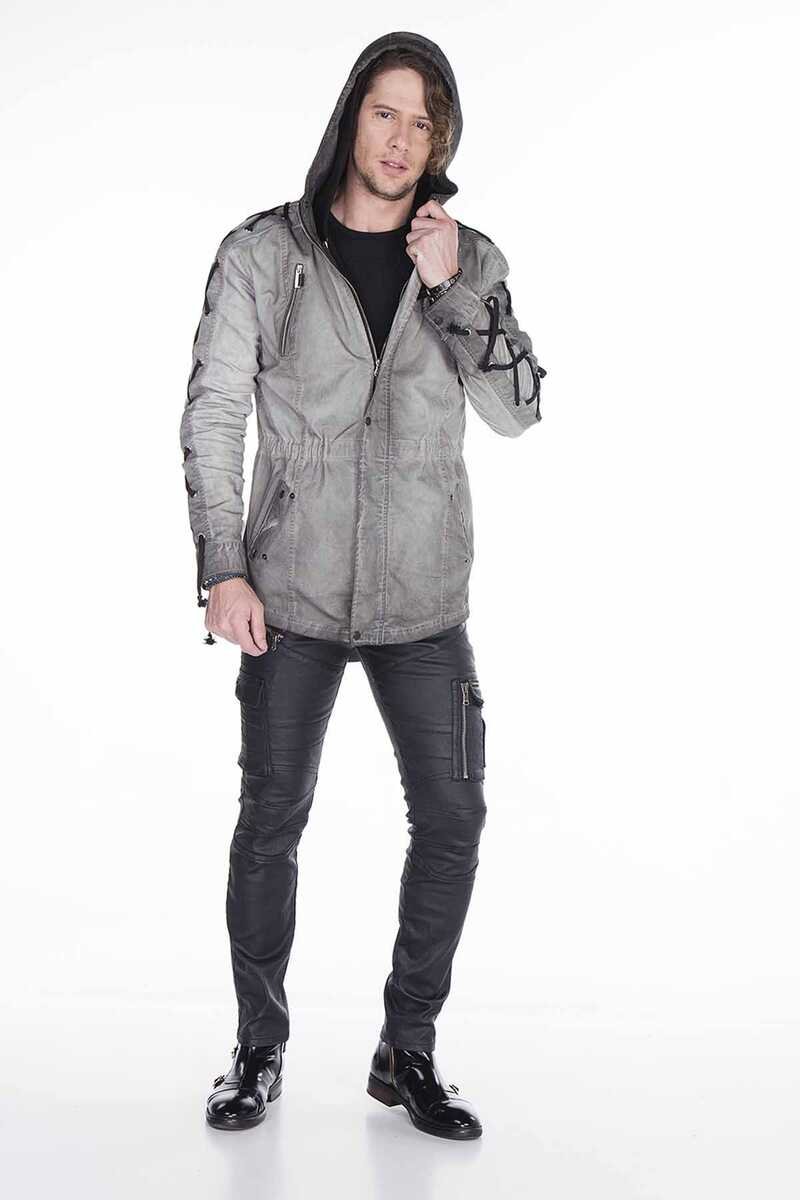 CJ183 Drawstring Sleeve Text Print Long Men's Jacket