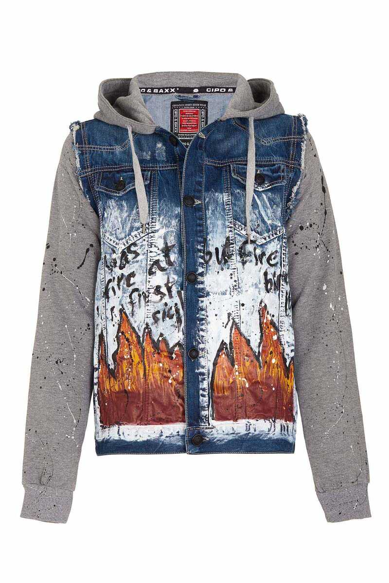 CJ209 Painted Flame Print Men's Denim Jacket