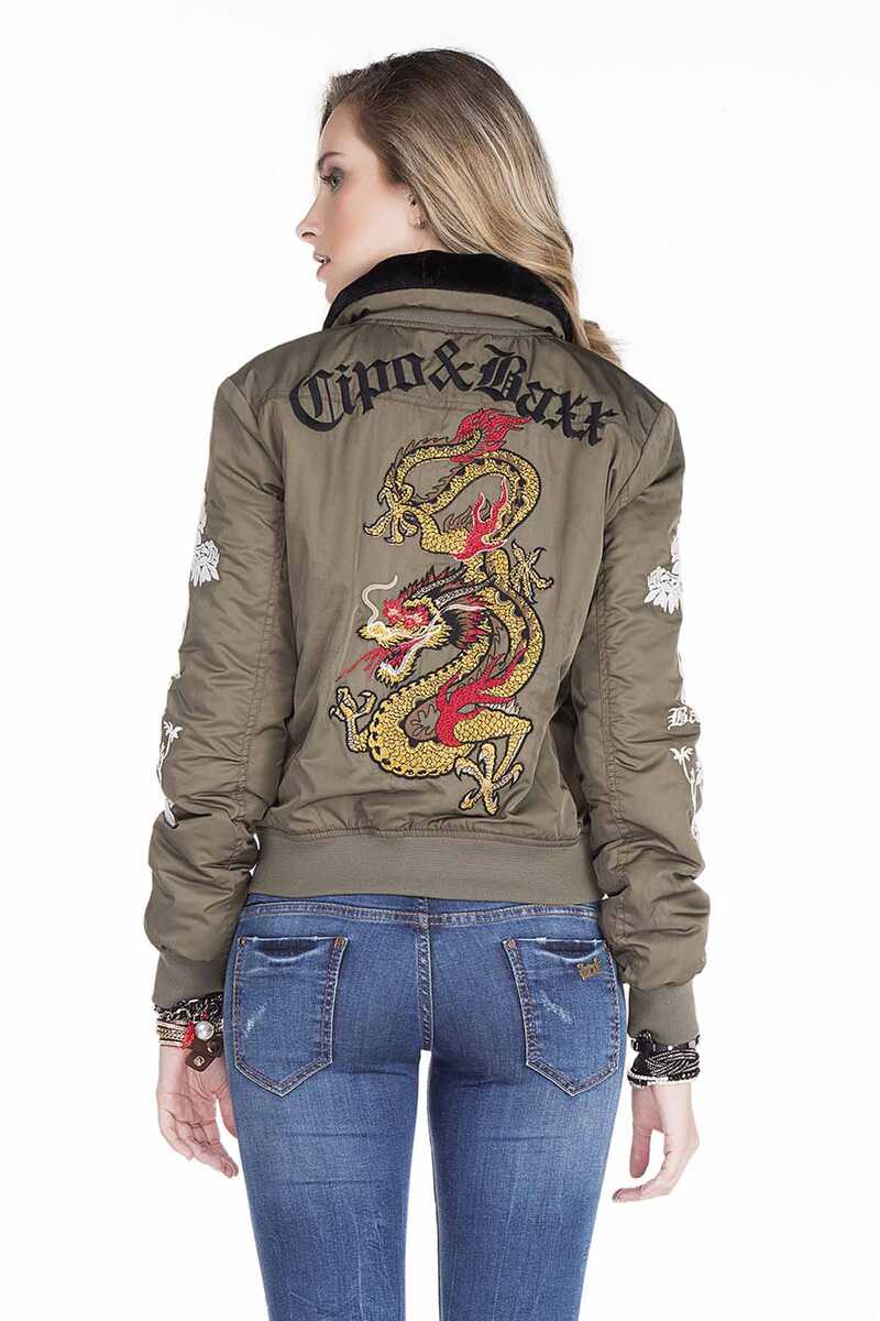 WJ137 Dragon Skull Embroidered Fur Collar Women's Jacket