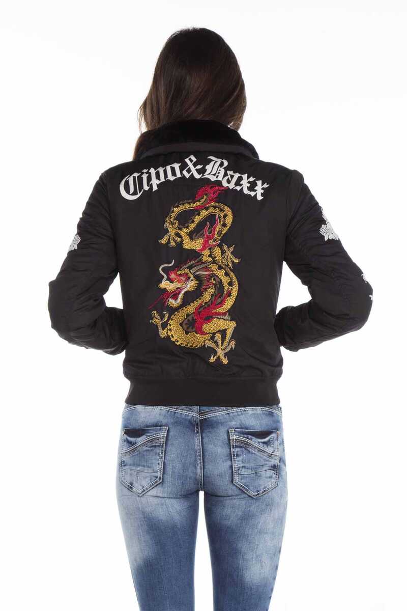 WJ137 Dragon Skull Embroidered Fur Collar Women's Jacket