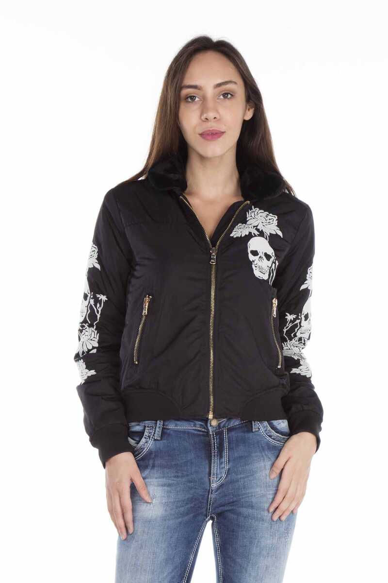 WJ137 Dragon Skull Embroidered Fur Collar Women's Jacket