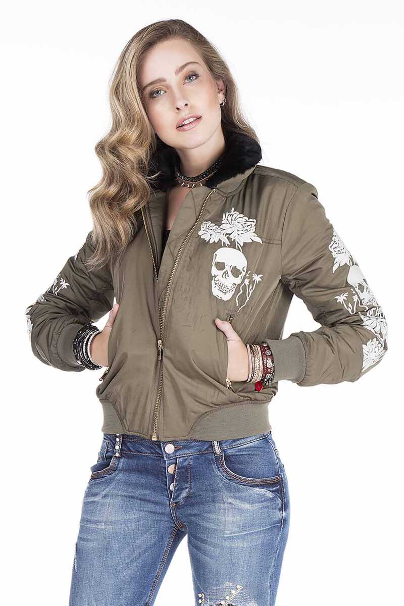 WJ137 Dragon Skull Embroidered Fur Collar Women's Jacket