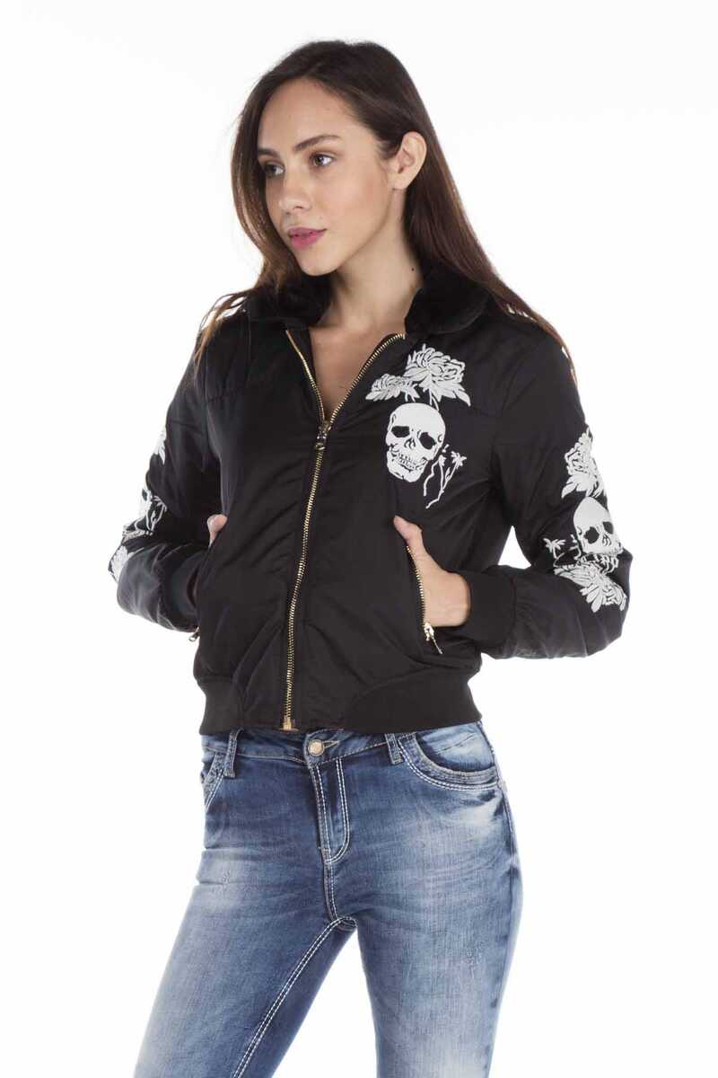 WJ137 Dragon Skull Embroidered Fur Collar Women's Jacket