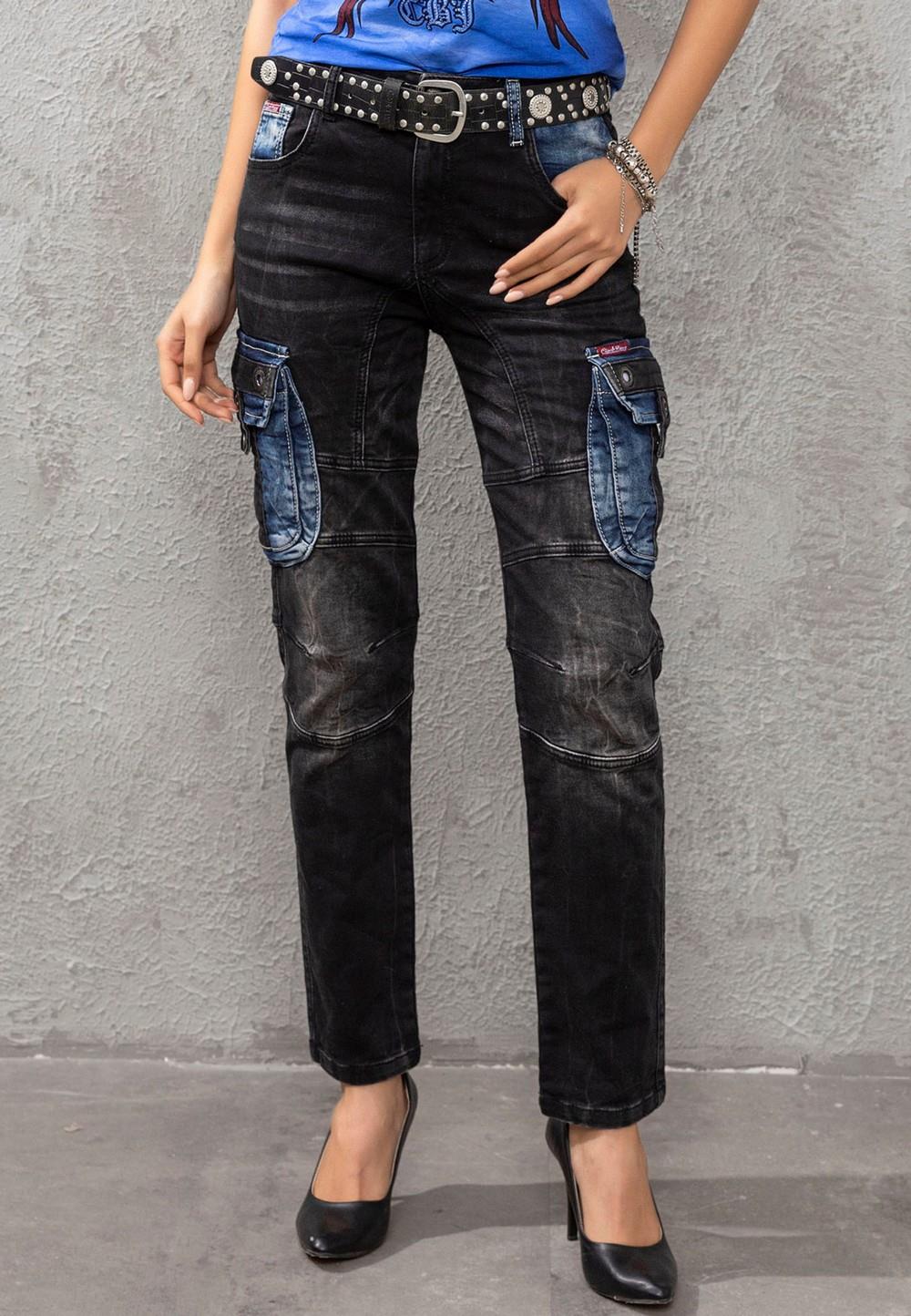 WD521 Cargo Pocket Contrast Color Women's Jeans
